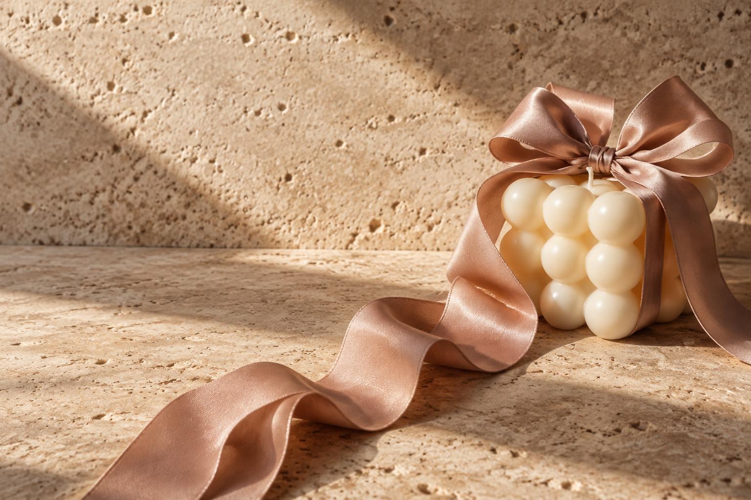 A lavish blush satin bow and flowing ribbon across pale travertine beside an ivory bubble candle